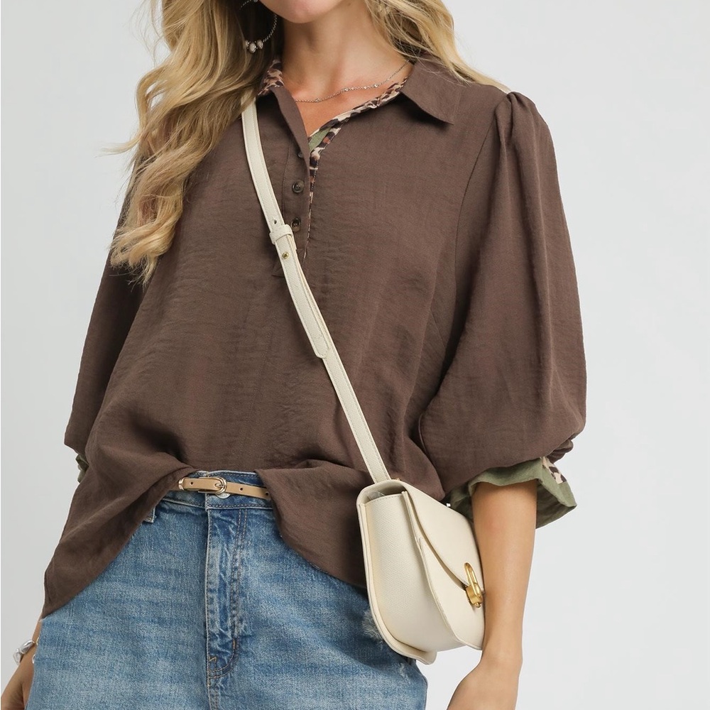 Half Button Blouse With Leopard Print Trim In Cho… - image 1